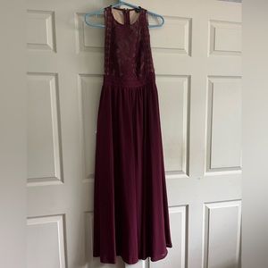 Lulus’ burgundy floor length prom dress.